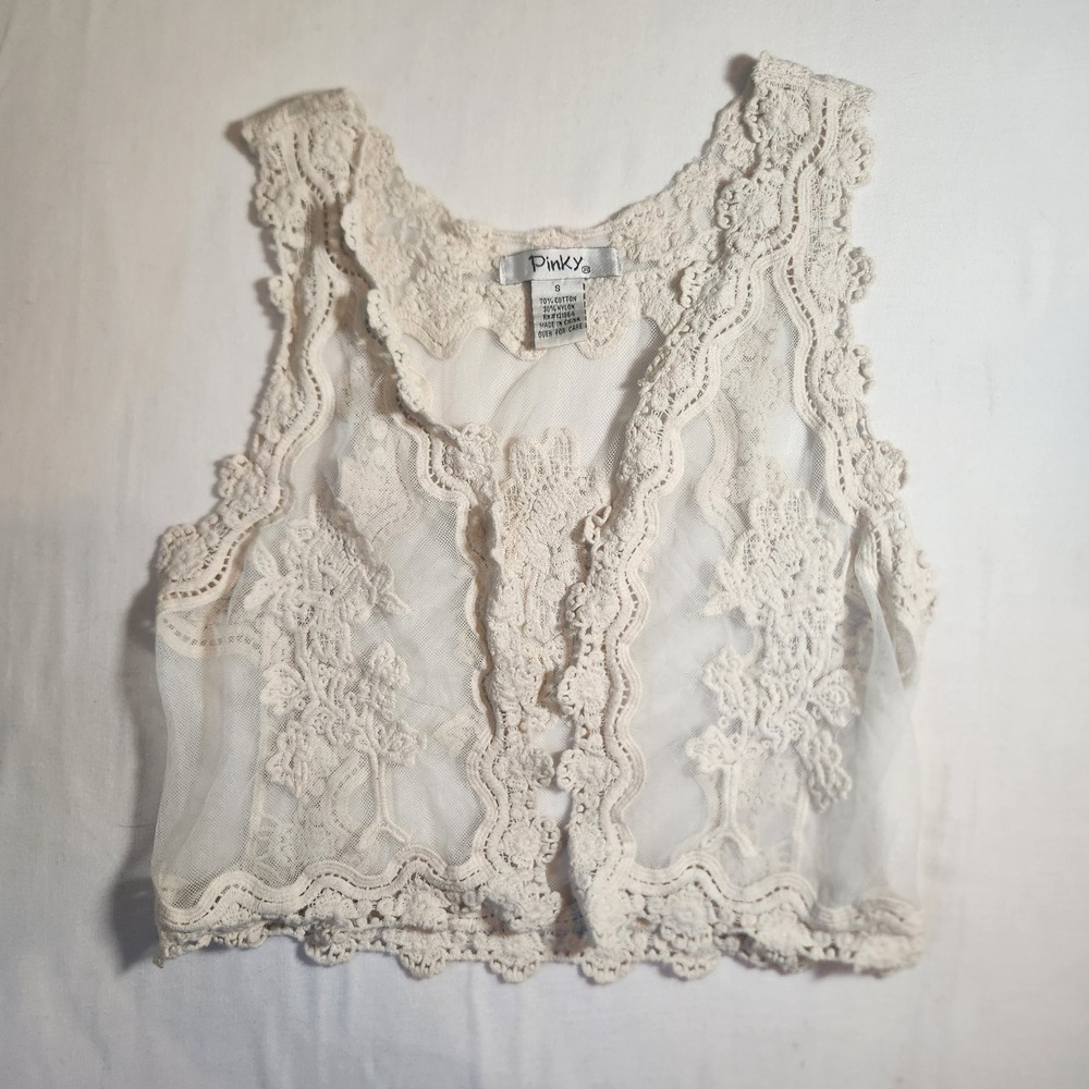 Pinky Cream Lace Sheer Cropped Vest Boho Floral Crochet Trim Small